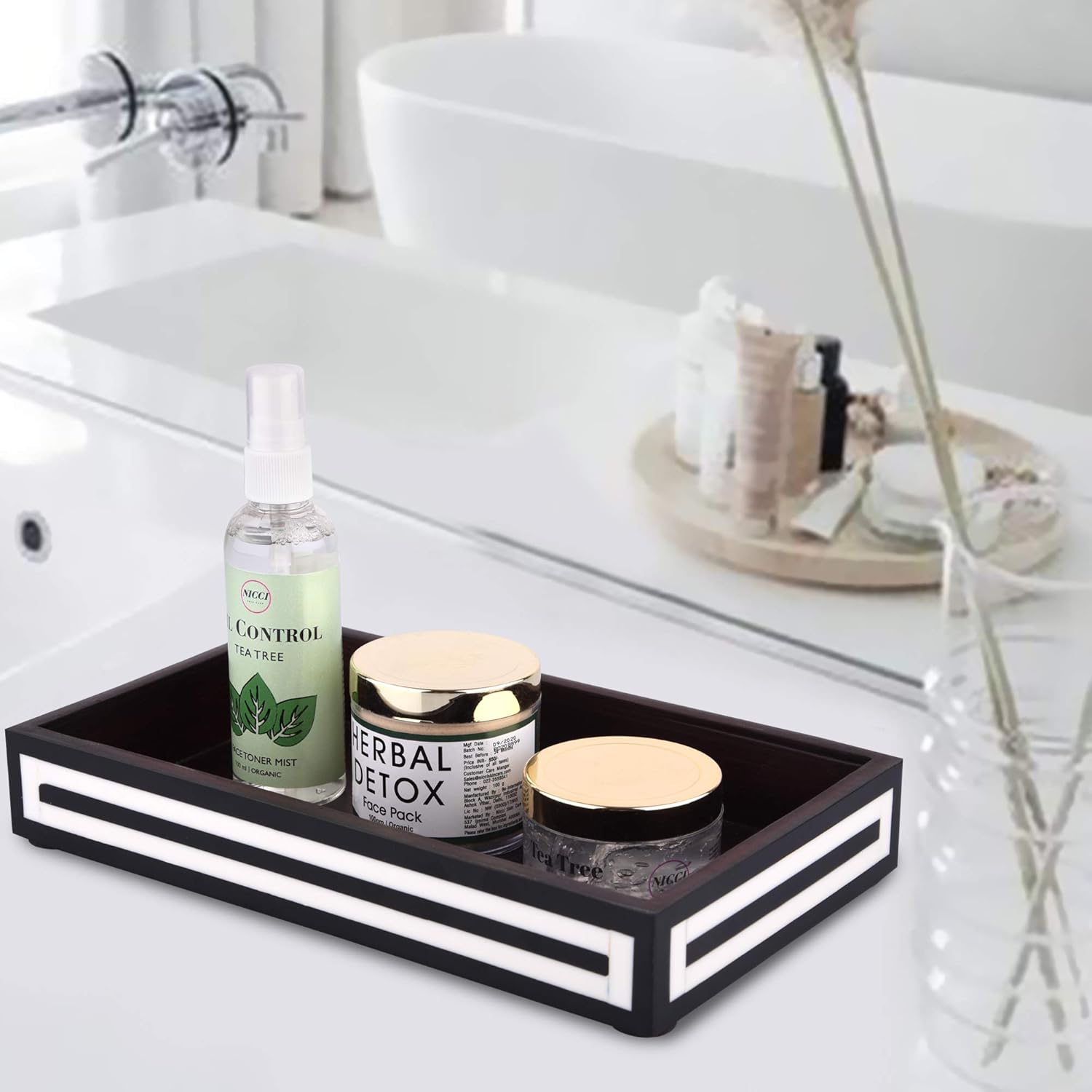 Vanity Tray Parlour Concentric Bone & Resin Inlay, Black & White - 10" x 6"