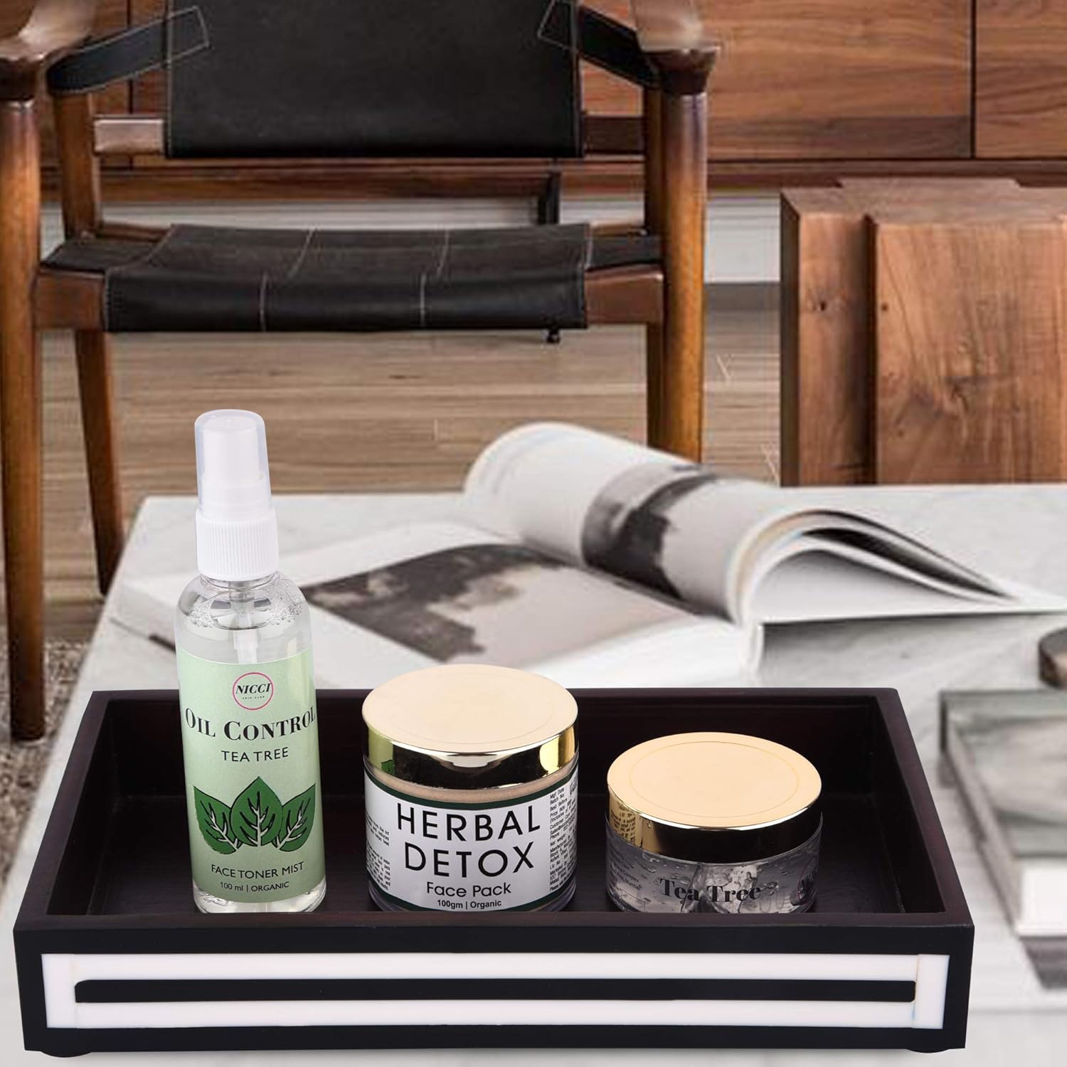 Vanity Tray Parlour Concentric Bone & Resin Inlay, Black & White - 10" x 6"