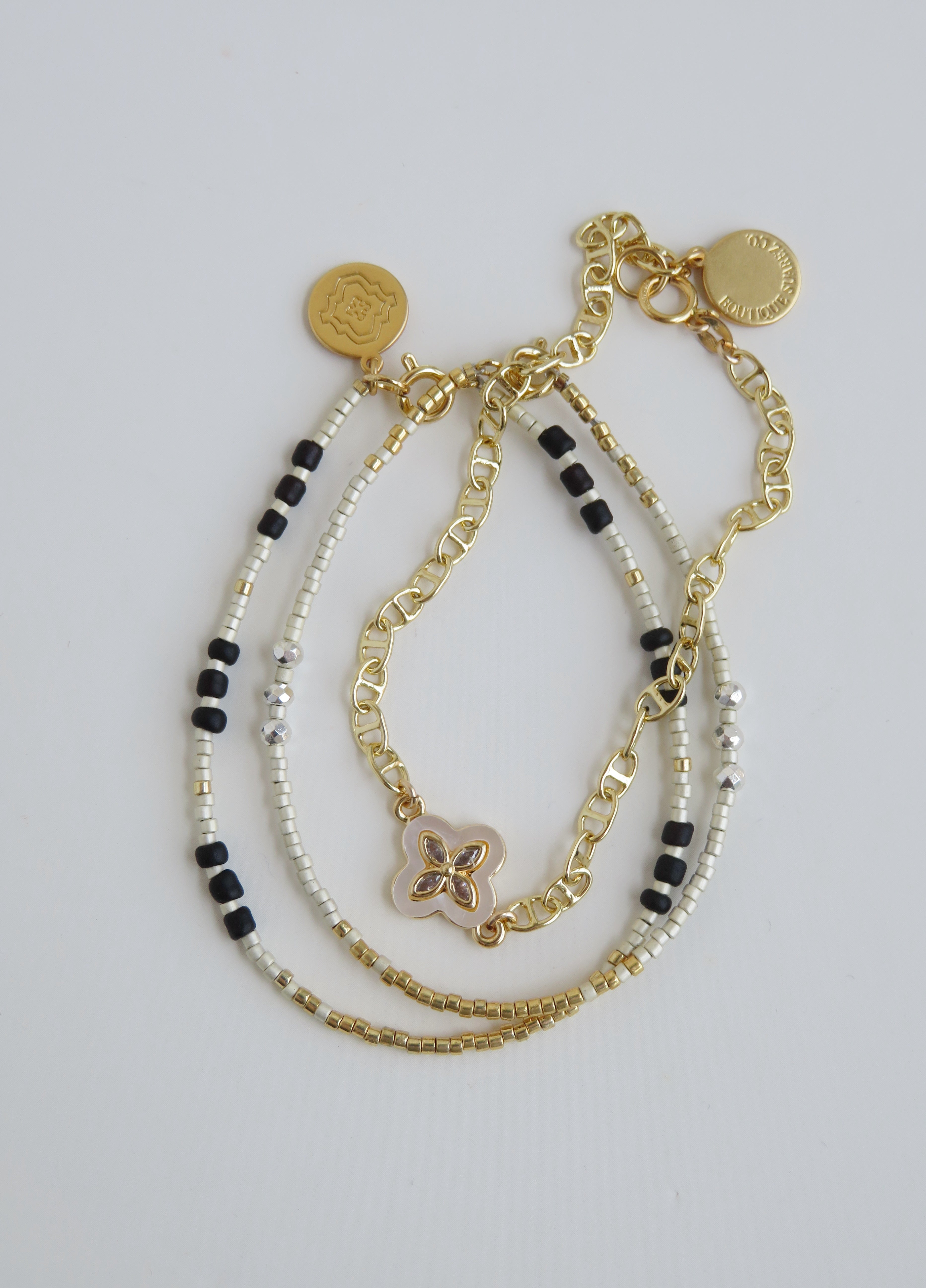 Pearl Shell Clover - Beaded Wrist Stack - Black