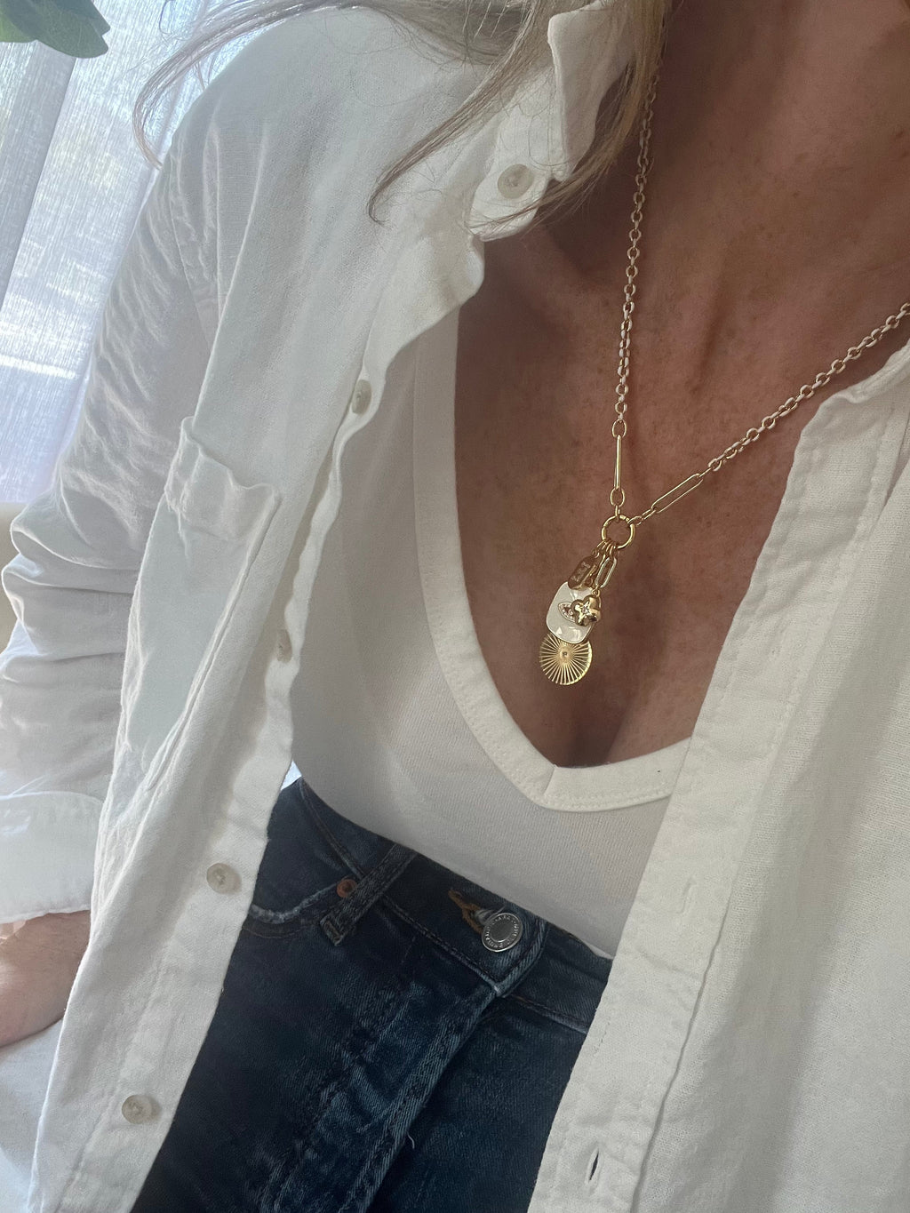 White Oval Link Charm Holder Necklace - Clicker Clasp - add charms