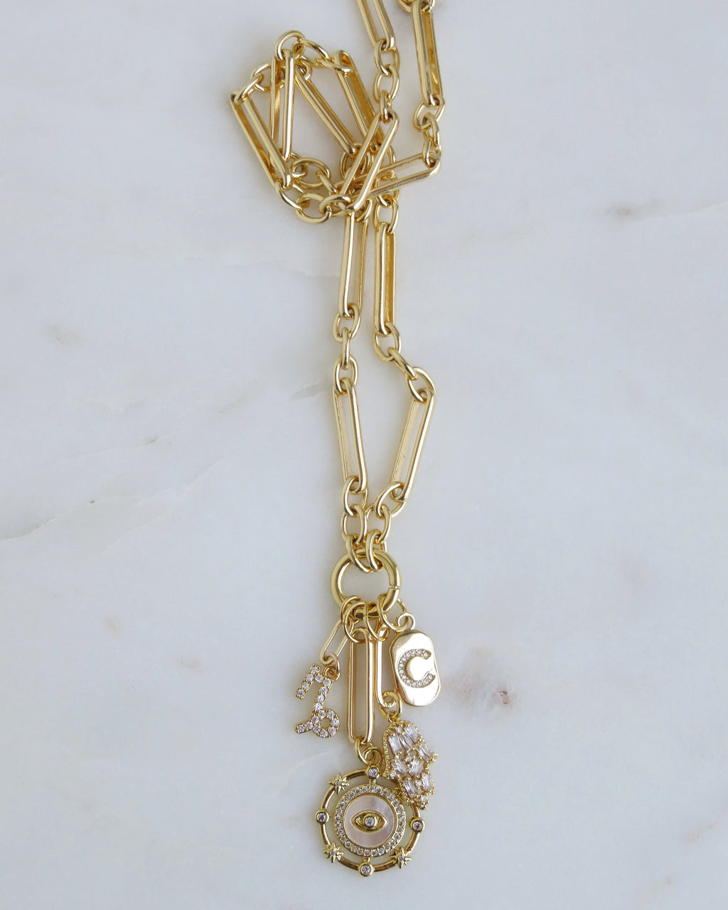 Personalized Zodiac Evil Eye Hamsa Celestial Charm Cluster Necklace - Figaro