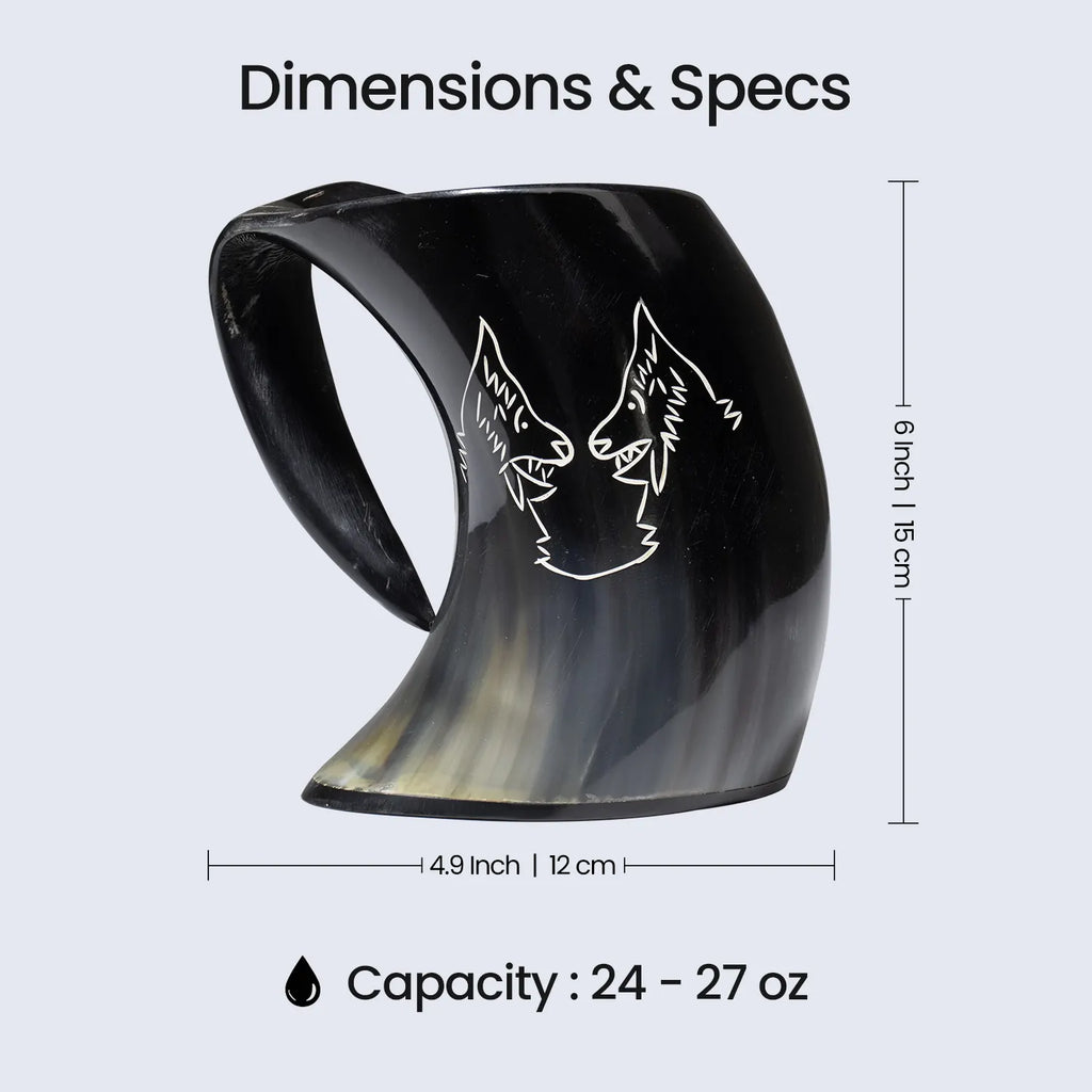 Horn Cup Twin Wolf Carved Ox Horn Drinking Cup Holds Up to 24.-27oz