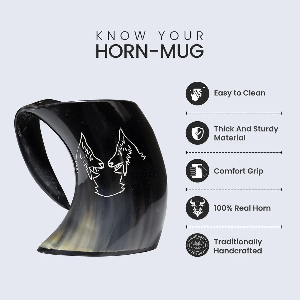 Horn Cup Twin Wolf Carved Ox Horn Drinking Cup Holds Up to 24.-27oz