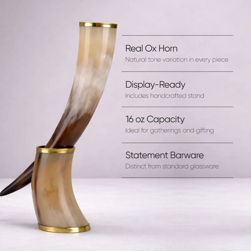 Real Ox Horn Drinking Horn with Stand 16 oz Beer Mug Gift