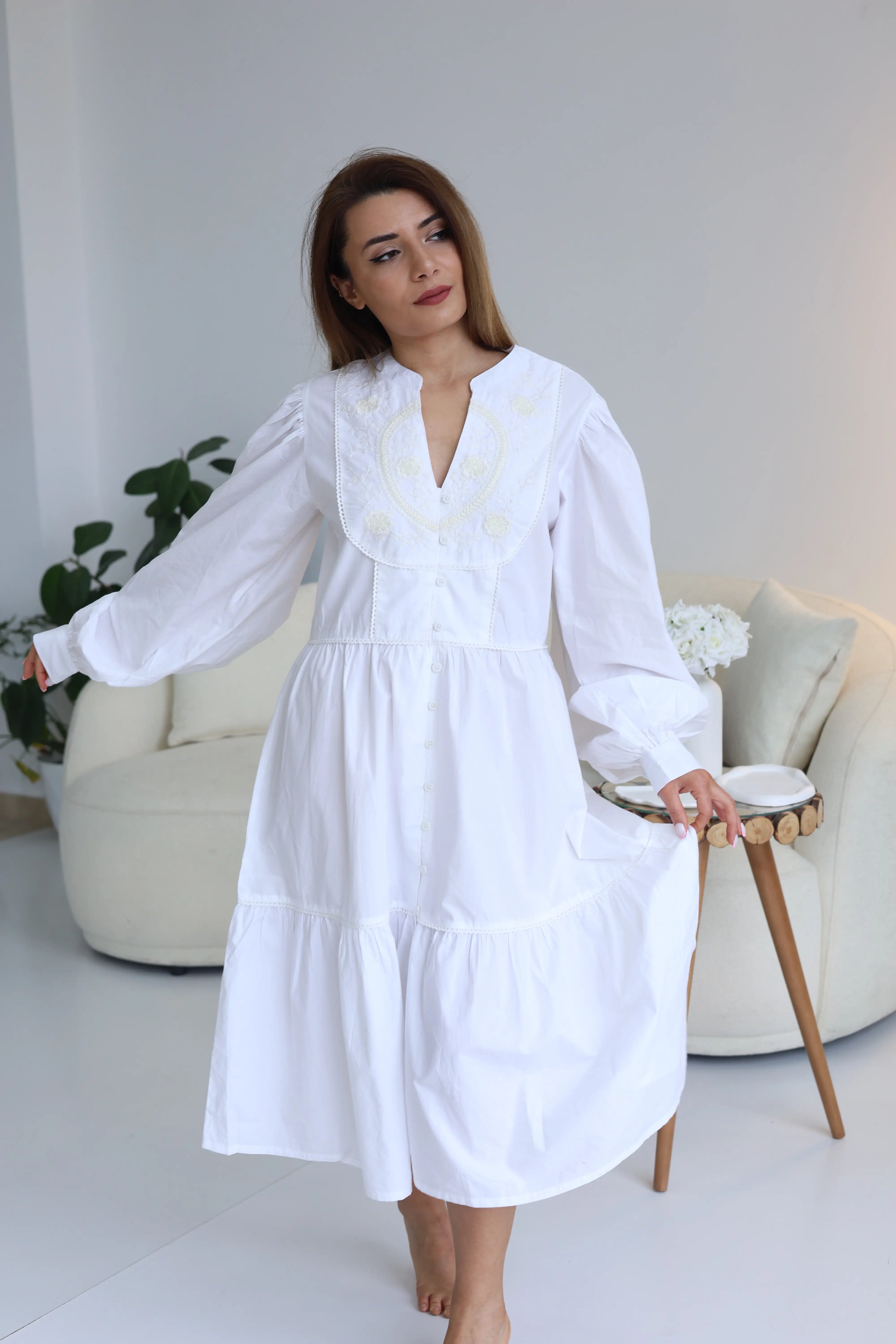 embroidered casual midi dress off white Available in s to 3xl