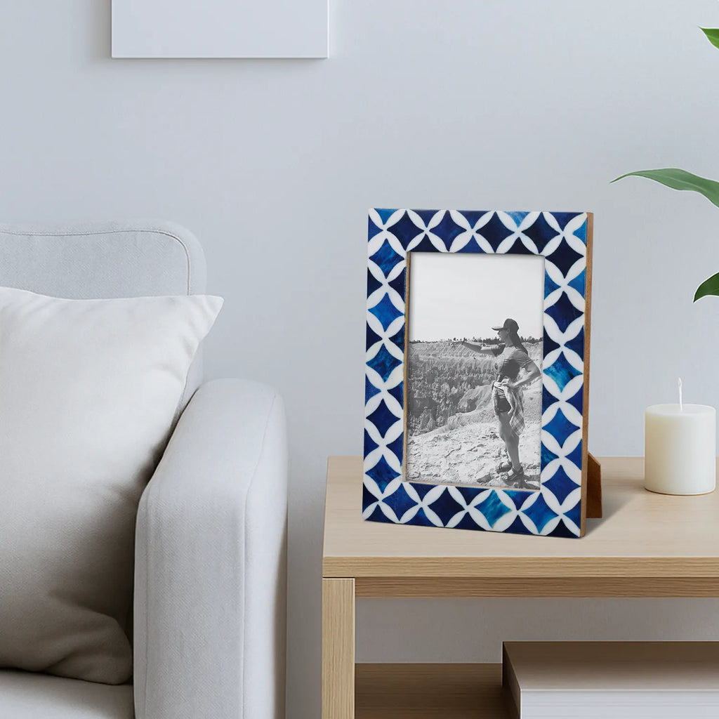 Picture Frame Indigo Pattern Collection Bone Resin Inlay Blue White 4x6