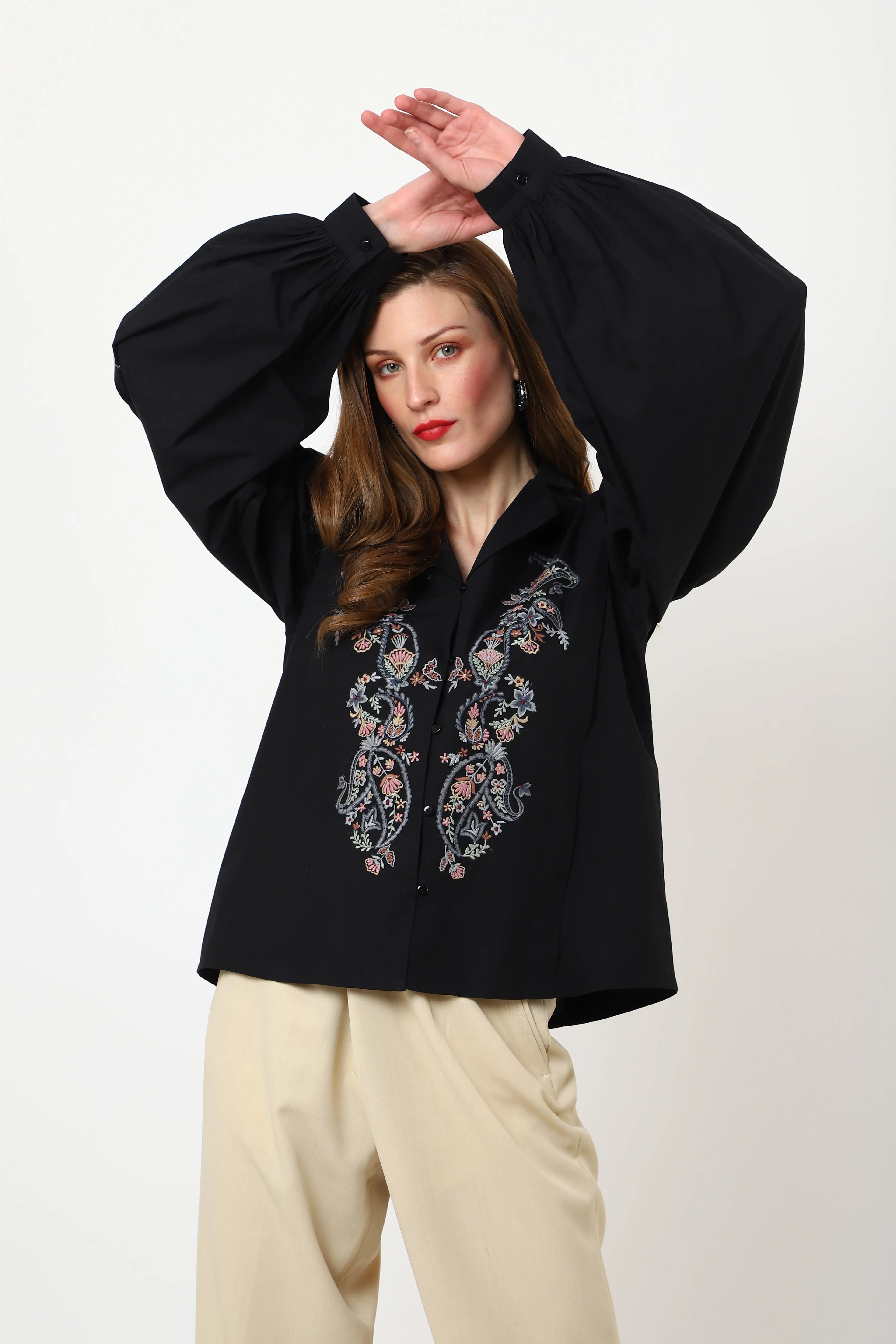 detailed embroidery black long sleeve top xs to 3xl