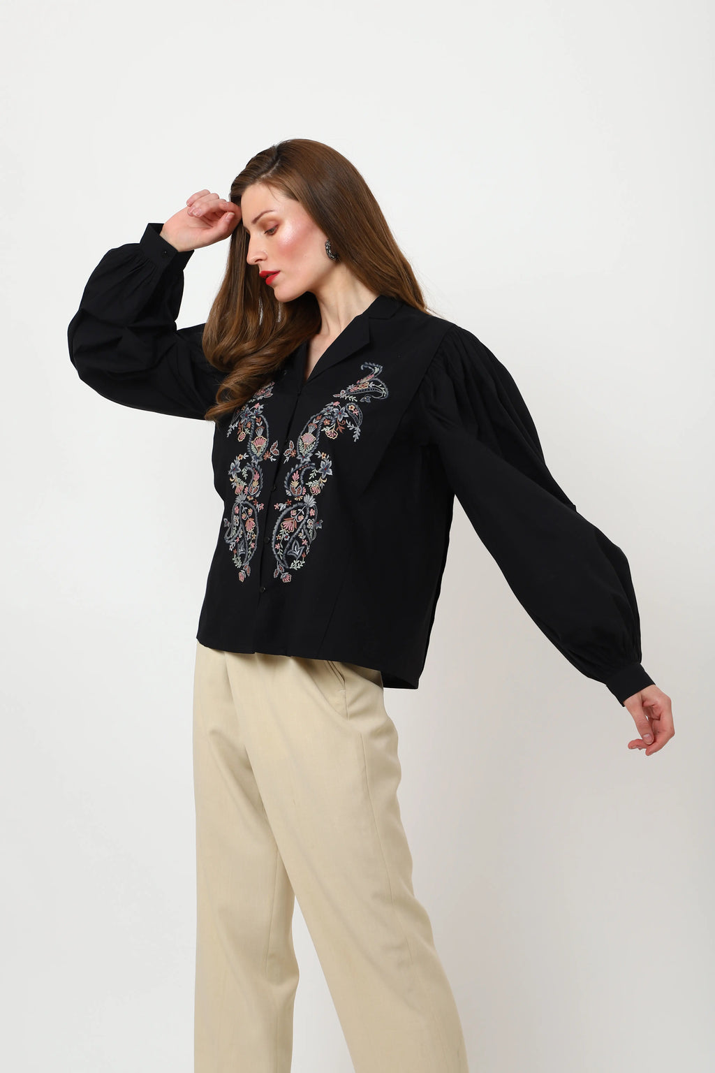 detailed embroidery black long sleeve top xs to 3xl
