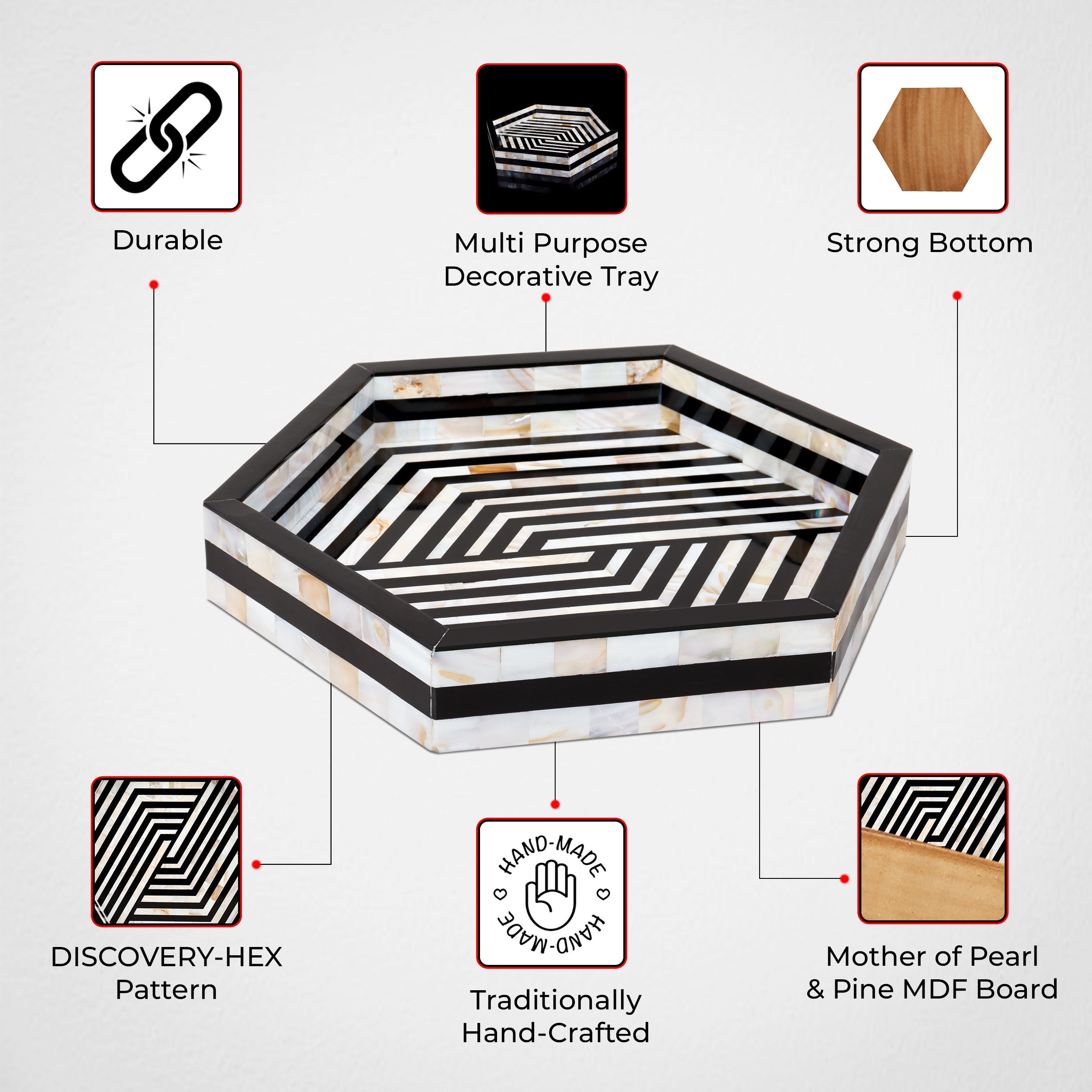 Mother of Pearl Decorative Tray 12" Black White Table Tray