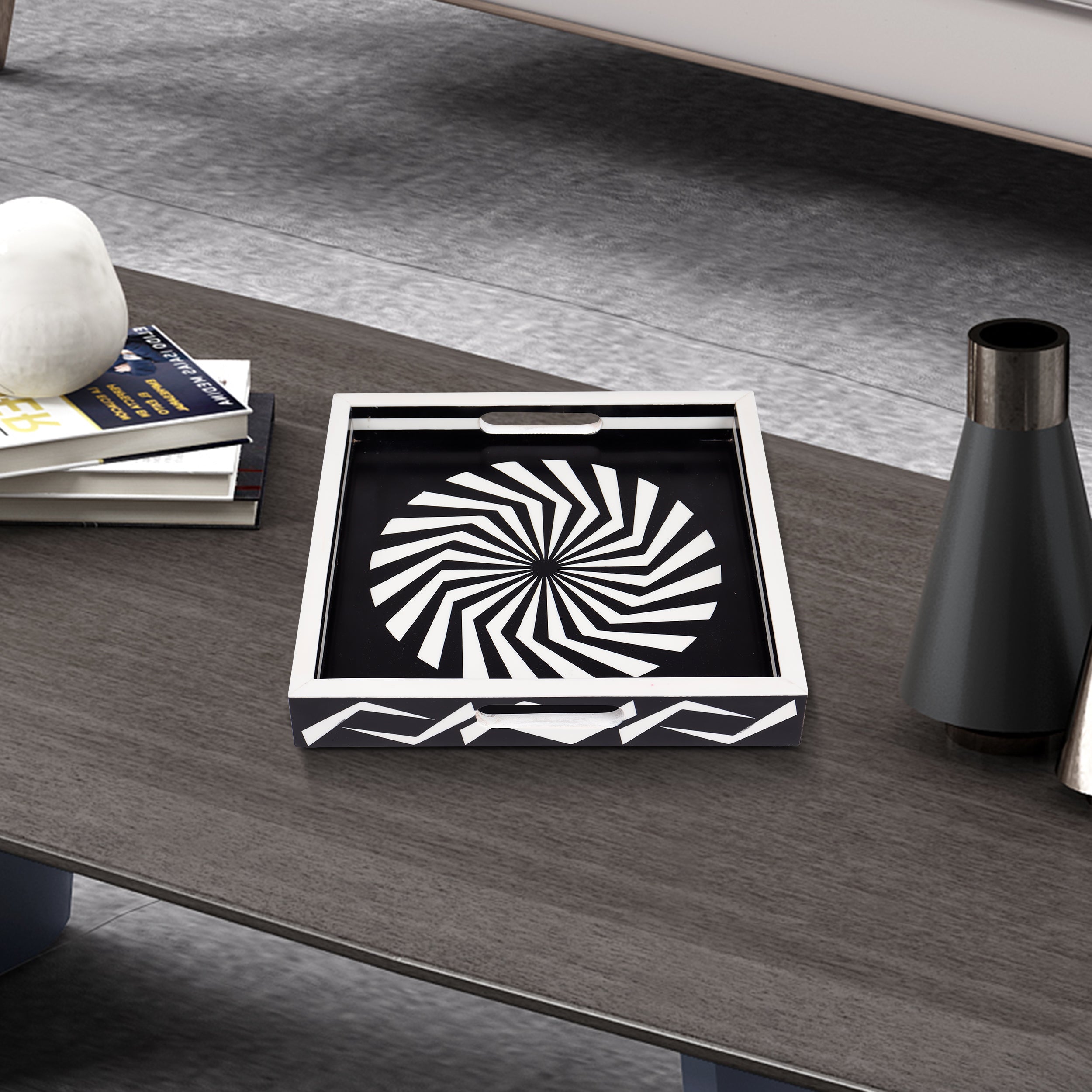 Black White Geometric Serving Ottoman Decorative Tray 12x12