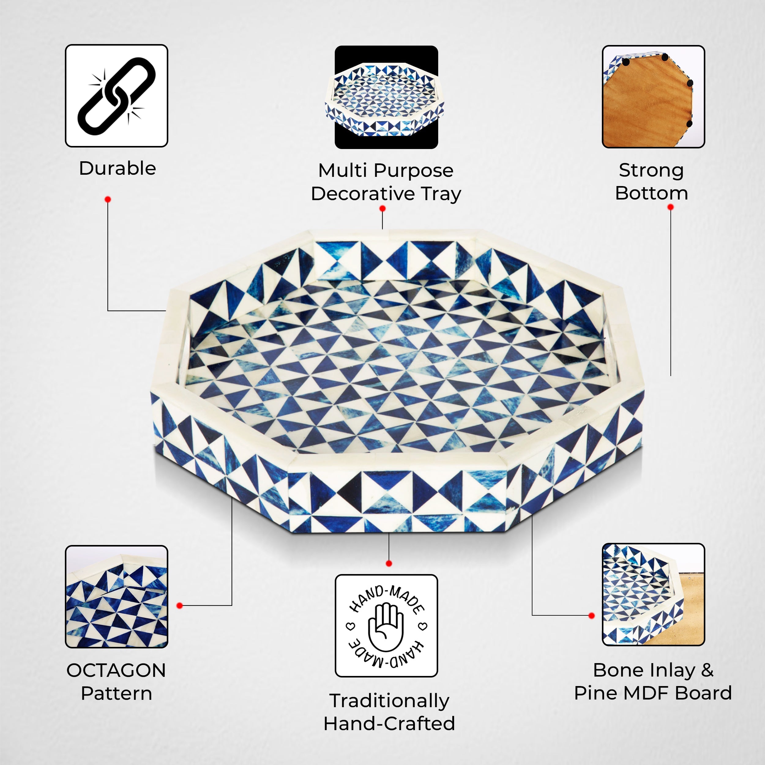 Ory Octagon Bone Inlay Decorative Ottoman Tray Blue White 12