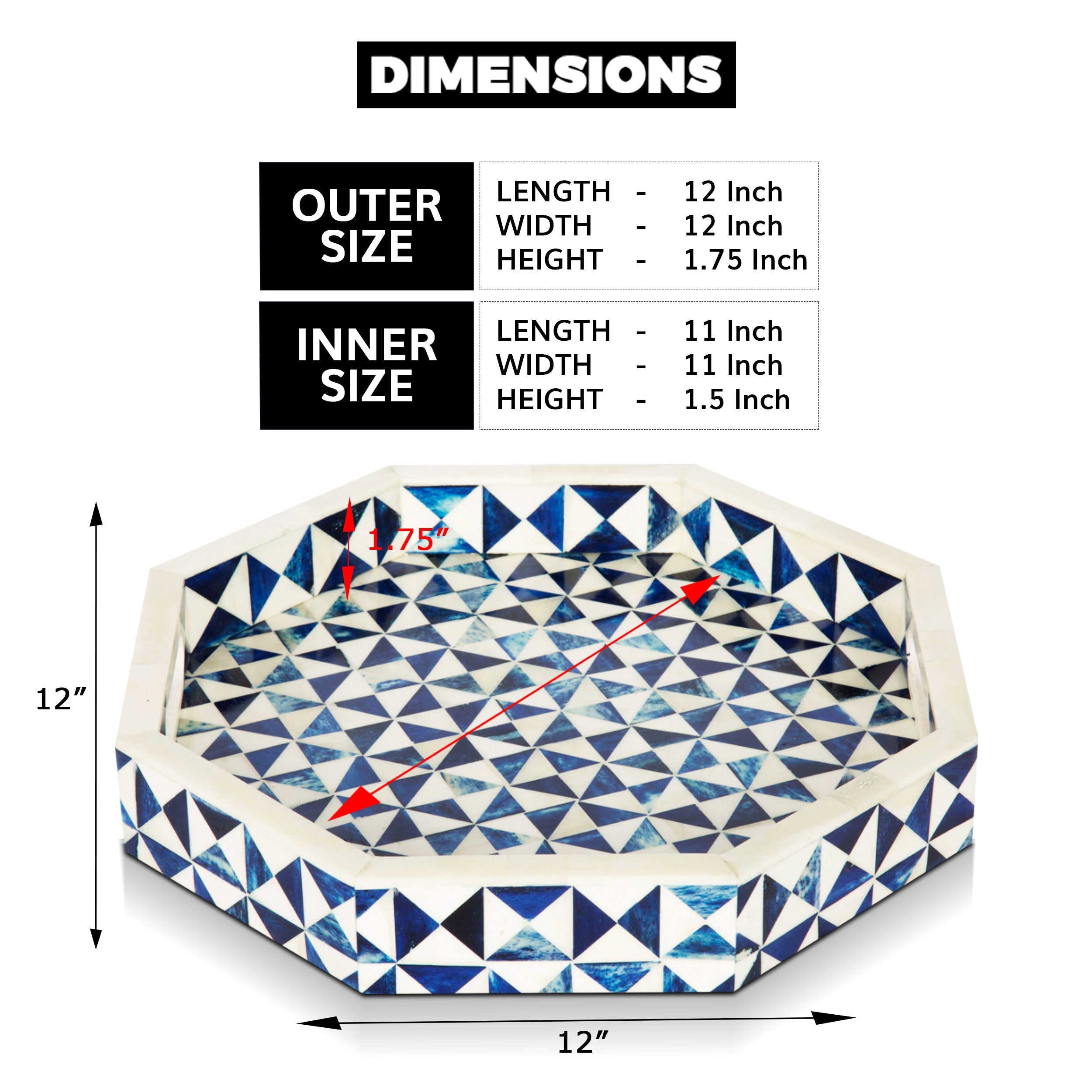 Ory Octagon Bone Inlay Decorative Ottoman Tray Blue White 12