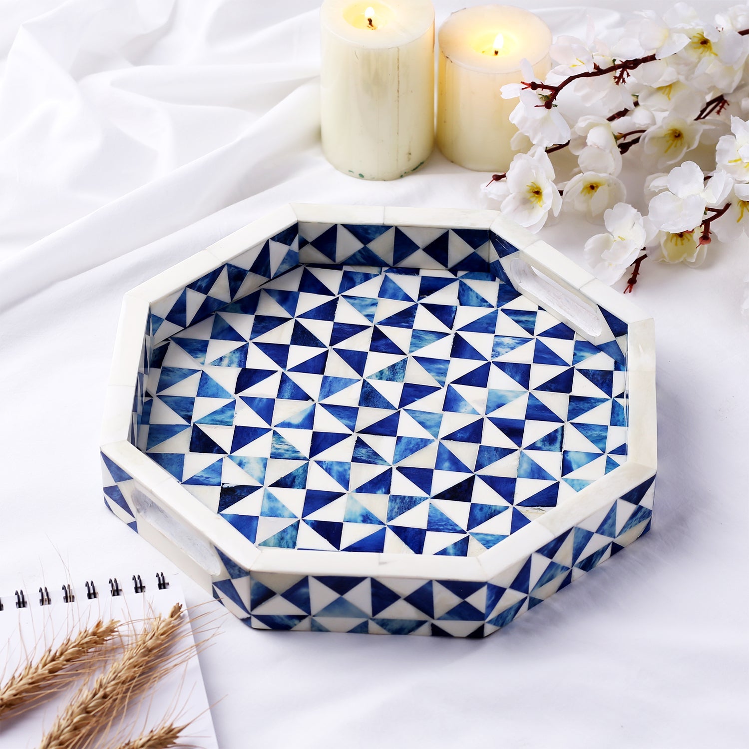 Ory Octagon Bone Inlay Decorative Ottoman Tray Blue White 12