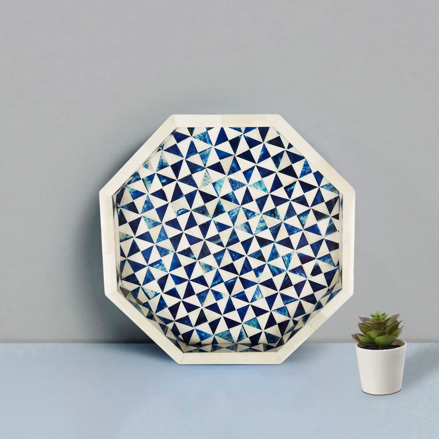 Ory Octagon Bone Inlay Decorative Ottoman Tray Blue White 12