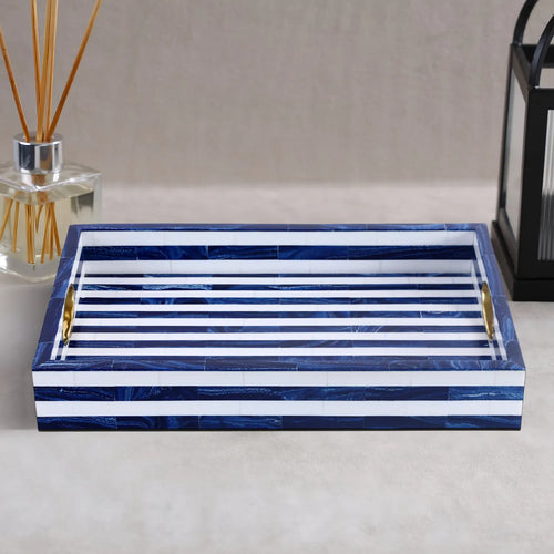 Blue White Resin Inlay Decorative Tray Brass Handle 17x11